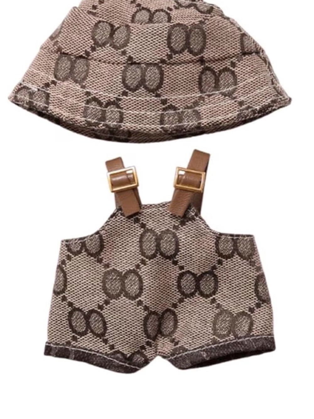 Kids Beige Brown Patterned Bucket Hat and Short Overalls Set for Labubu doll